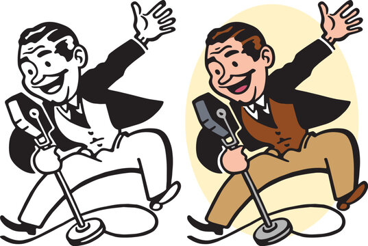 A vintage retro cartoon of a man making an exciting announcement on a microphone. 