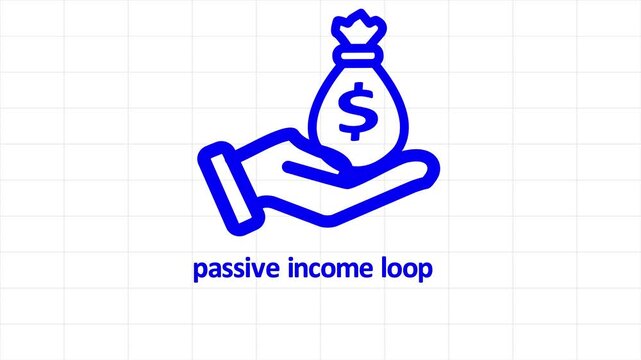 Minimalist line icon animation of money bag appearing on hand with passive income loop text on white grid background.