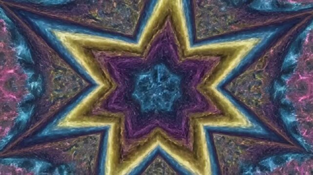 Psychedelic star shape pulsing kaleidoscope animation with vibrant colors and patterns over time