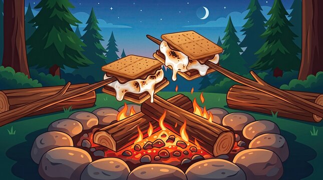 Toasting s'mores on sticks over a roaring campfire in a forest clearing under a starry night sky