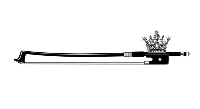Black violin bow silhouette topped with an ornate crown.