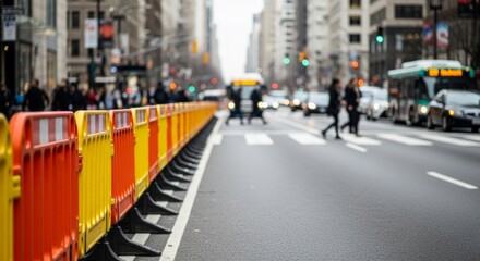 Fototapeta premium Vibrant orange and yellow barrier fences guide pedestrians on a busy city street with soft, overcast lighting