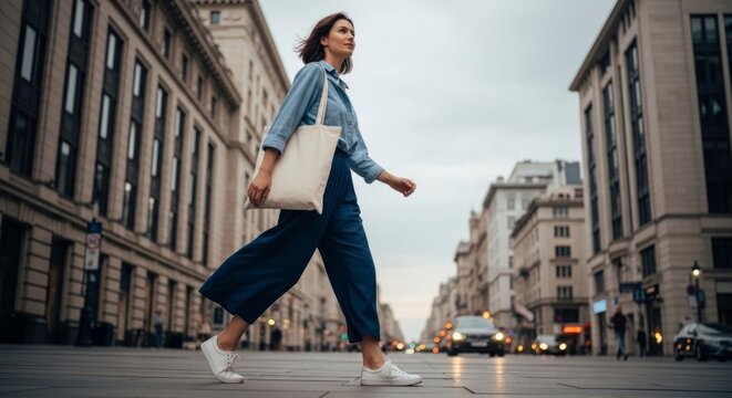 Woman with tote bag walking on city street in the evening, low angle shot with copy space