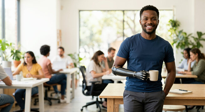 Confident Black man with a prosthetic arm holding a coffee mug in a modern office. Smiling male employee standing in a diverse workplace. Disability inclusion concept