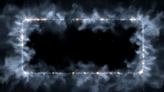 Slow motion static shot of glowing smoke frame forming and pulsing around dark rectangular void on black studio backdrop