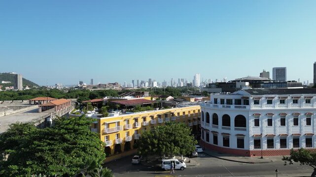 Toma a&eacute;rea de un paisaje urbano en Cartegena en un ciudad colonial