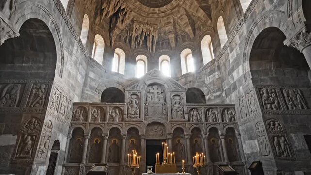 Explore the interior of the old church in the monastery of Geg as light fills the space and reveals stone carvings