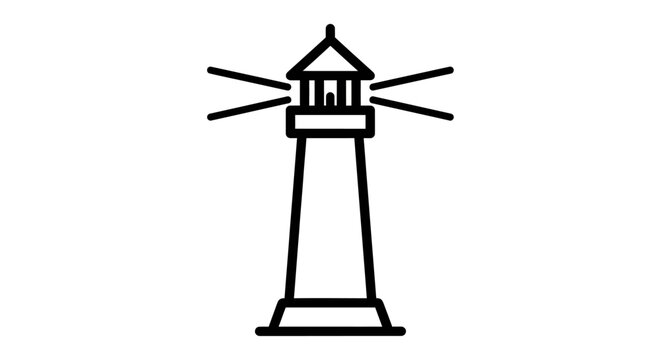 Minimalist lighthouse icon with radiating light rays, outline symbol for navigation, maritime safety, guidance, and coastal travel