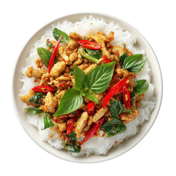 Colorful Thai basil chicken stir fry with chili and rice on white plate top view