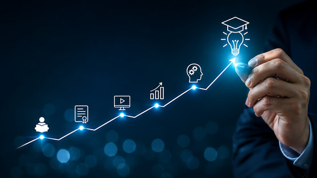 Professional hand sketching an upward arrow graph towards a glowing graduation cap icon symbolizing continuous education digital certificate courses skill building and career progression success