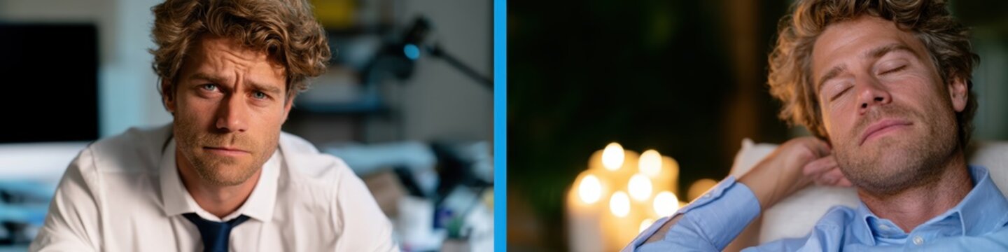 split-screen web banner showcases stressed and serene corporate environments, creating a strong visual contrast and premium advertising concept