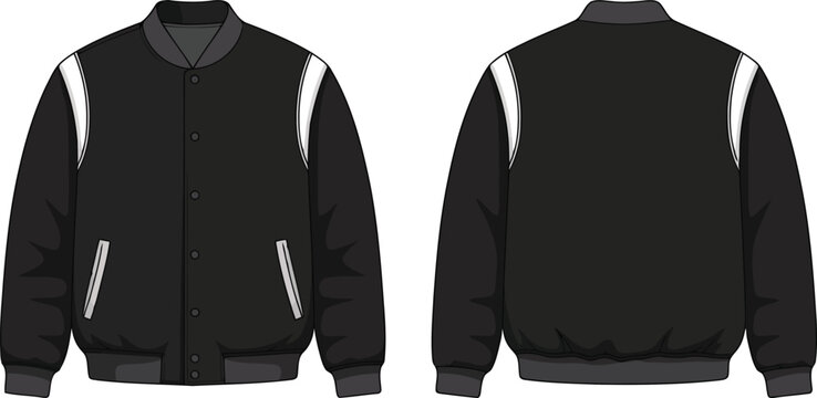 Black varsity jacket front and back vector illustration.