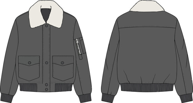 Grey bomber jacket with fur collar vector illustration.
