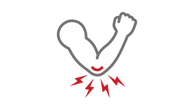Minimalist vector illustration of a flexing human arm showing painful red elbow injury and inflammation
