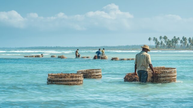 Man working with fishing traps in shallow sea. Adult male in straw hat in turquoise water near wicker traps, fishermen in distance, tropical coastline with palms, daytime, traditional fishing.