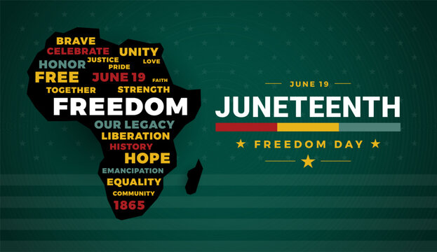 Juneteenth Freedom Day June 19 patriotic image background - vector illustration - Africa map word cloud typography banner with stars and stripes on dark green background