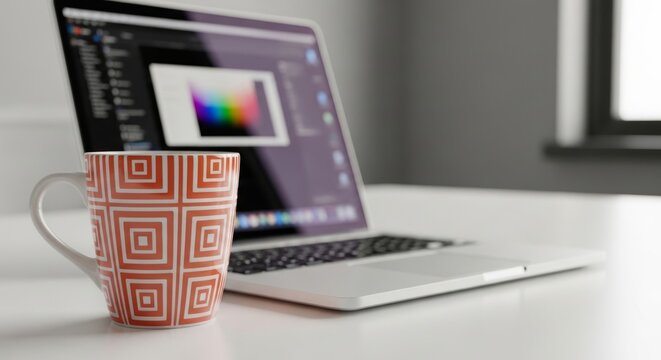 Geometric pattern coffee cup and open laptop on a clean white desk, representing creativity and modern workspace productivity
