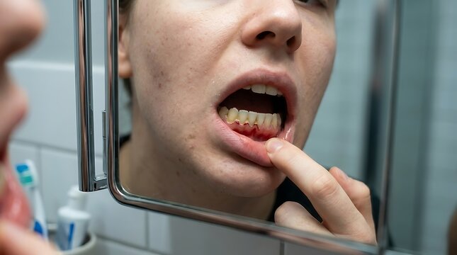Woman examines her bleeding gums in a bathroom mirror while checking for signs of dental health issues or periodontal disease during her morning hygiene routine at home.