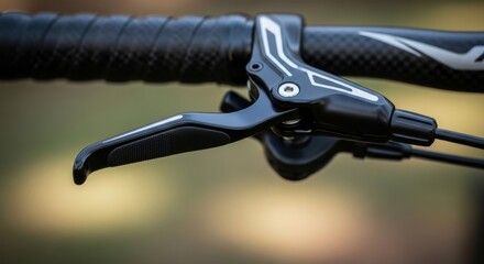 Obraz premium Close-up Bicycle Hand Brake Lever on Carbon Handlebar with Textured Grip, Outdoor Cycling Gear Detail