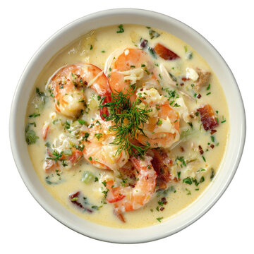 Creamy seafood chowder bowl with shrimp and vegetables in rustic setting