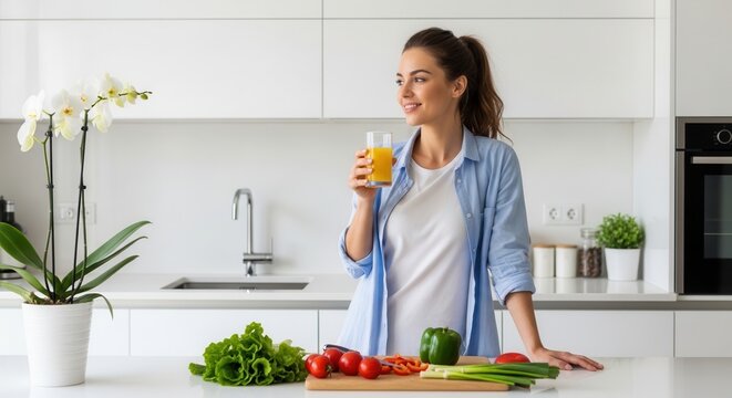 Woman Drinking Orange Juice in Modern Kitchen with Fresh Vegetables