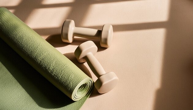 rolled light green yoga mat and two beige dumbbells on sand colored background with soft window shadows