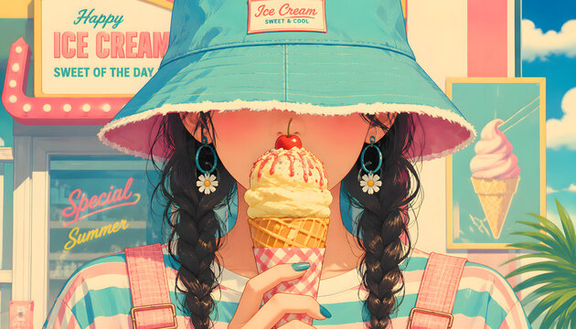 アイスクリームを楽しむ少女のクローズアップ ニューレトロサマーポップイラスト