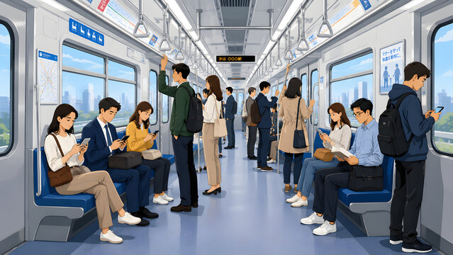 people commuting on modern train interior with phones