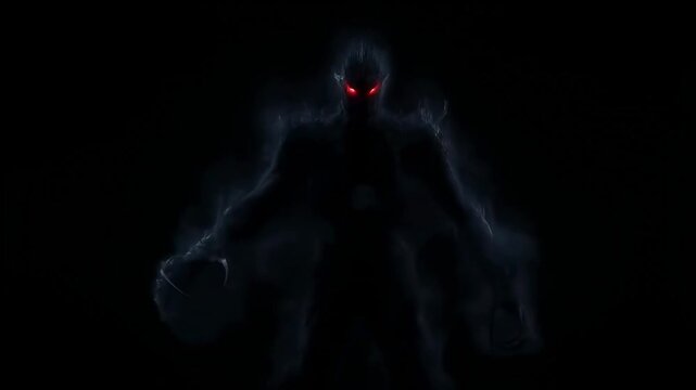 Ominous creature emerges: glowing red eyes and slow approach in darkness