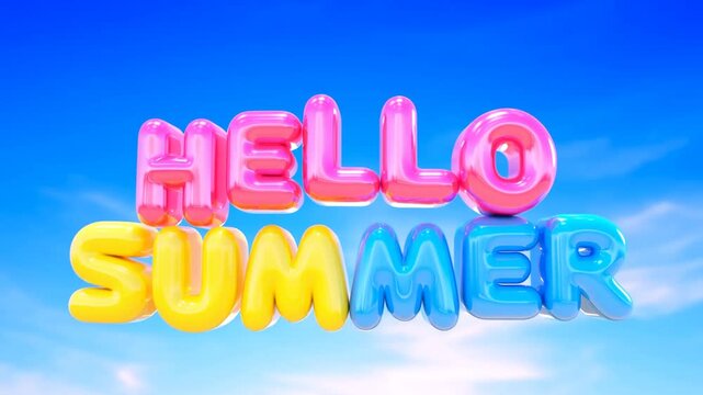 Slow zoom tracking of floating glossy balloon letters hello summer hovering over blue sky with soft clouds daytime festive scene