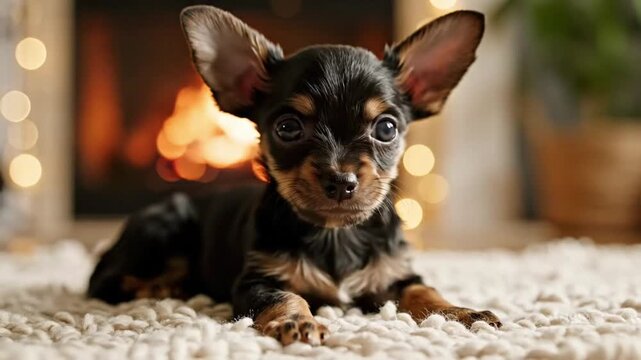 Cute little puppy dog toy terrier relaxing on a rug near a fireplace with lights in the background