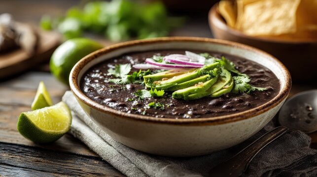 Steaming black bean soup bowl with avocado, red onion and cilantro on rustic wooden table