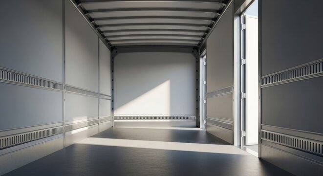 Empty truck cargo van interior with open doors, ready for moving and logistics services, clean space for transport solutions