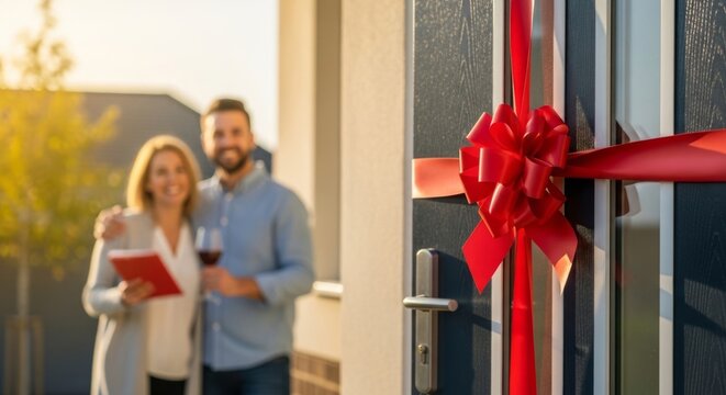 New Homeowners Celebrate Real Estate Purchase with Red Ribbon on Front Door
