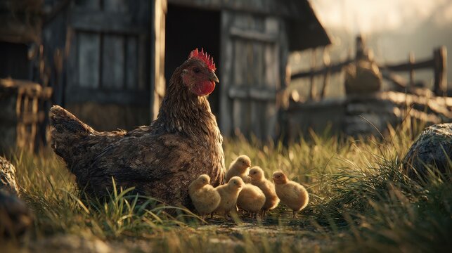 Nurturing hen with a brood beneath her wings in a rustic outdoor setting