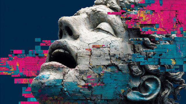 Fractured Classical Statue Dissolving into Digital Pixels, Identity and Technology Concept