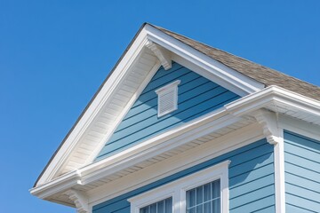 Obraz premium Blue horizontal vinyl siding on a suburban home under a clear light-blue sky
