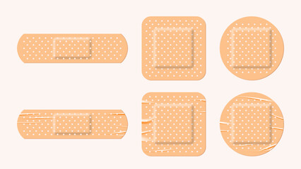 Realistic Adhesive Bandage Set with Clean and Wrinkled Medical Plasters. Beige Round, Square and Strip Bandaid Collection Isolated on White Background Vector Illustration