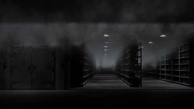 Mysterious foggy corridor with dim light and shadowy shelves