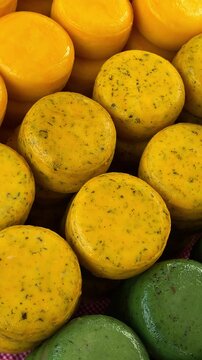 Various types of cheese on display at the Cheese Market (Kaasmarkt Alkmaar) on Waagplein Square, Alkmaar, Netherlands, May 15, 2026. High quality 4k footage