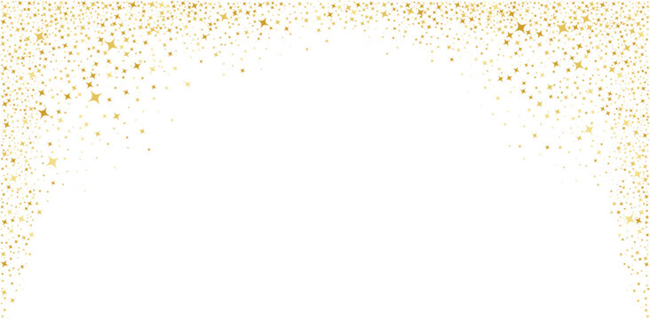 Gold star sparkles cascade with glitter effects on white background, creating magical golden light bursts and shimmering dust particles for festive designs.