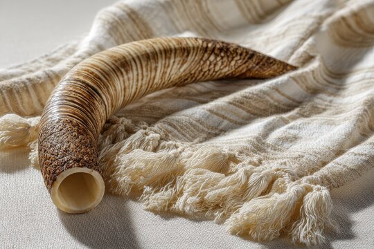 Shofar resting on a white tallit: a serene still-life for Jewish holy days