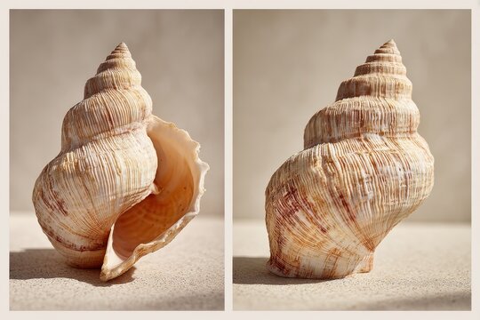 Two-view still life: close-up of a lightning whelk shell showing interior spiral and exterior ridges