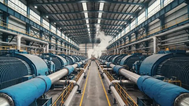 Power station panorama showcasing large turbines and pipes in industrial setting during daytime