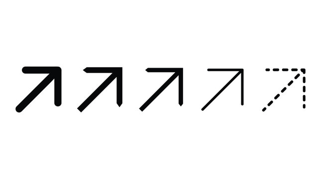 Set of five diagonal arrow icons with varying line weights direction navigation graphical