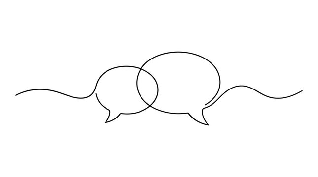 Continuous line drawing of intersecting speech bubbles with dialogue conversation communication