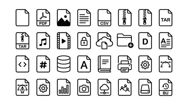 Collection of various digital file type and document format icons with document software computer