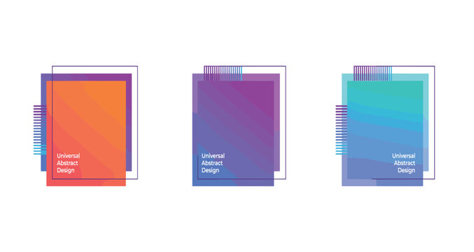 Three abstract gradient squares with geometric overlays and text