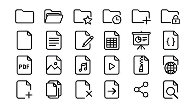 Set of folder and file management interface icons with management document interface directory