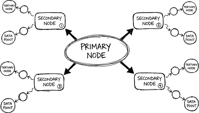 Mind map diagram showing a central primary node connected to various secondary nodes and tertiary data points in black ink